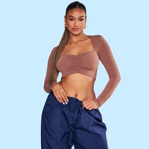 🔥 Dynamite Brown Long Sleeve Ruched Crop Top (P/S)